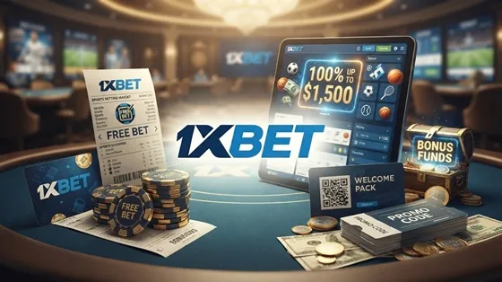 1xBet bonuses and promotions slider featuring current betting and casino offers